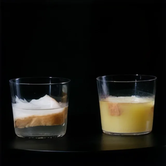 3시간 뒤, 효소를 넣은 잔의 식빵이 분해되어 노랗게 풀어진 모습